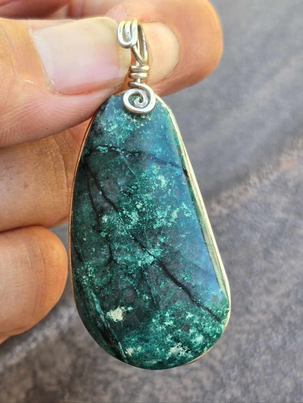 Handmade wire-wrapped chrysocolla-malachite silver necklace pendant